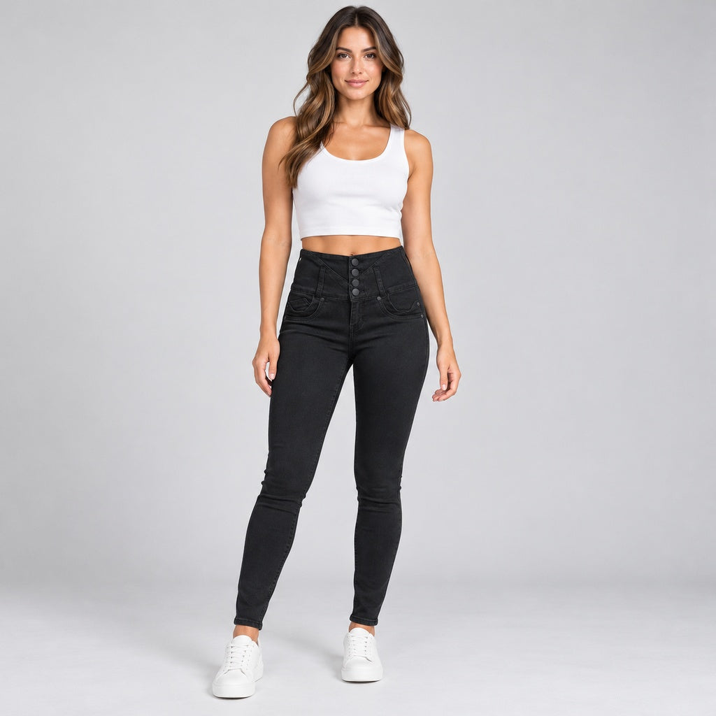 Jeans colombiano 13201 negro de cuatro botones en modelo completa