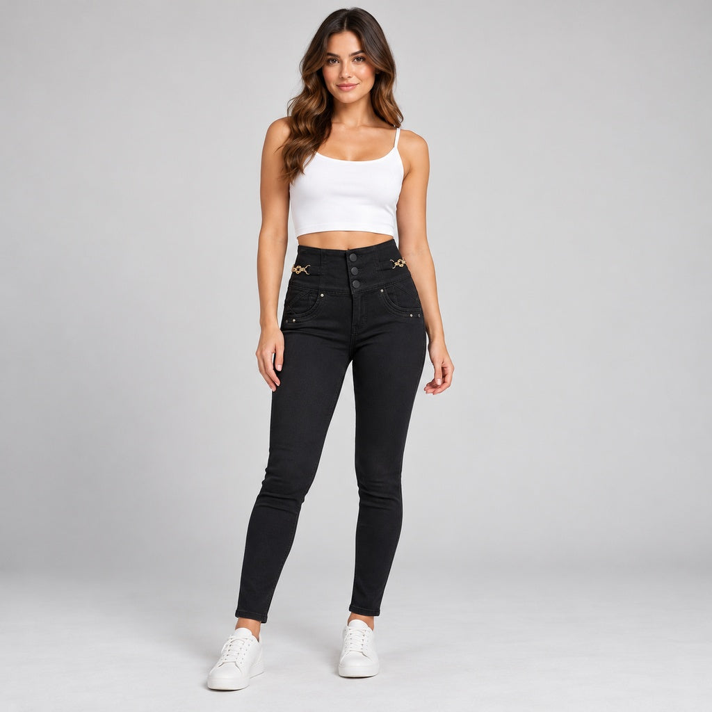 Jeans Posesión 13865 negro de tres botones en modelo completa