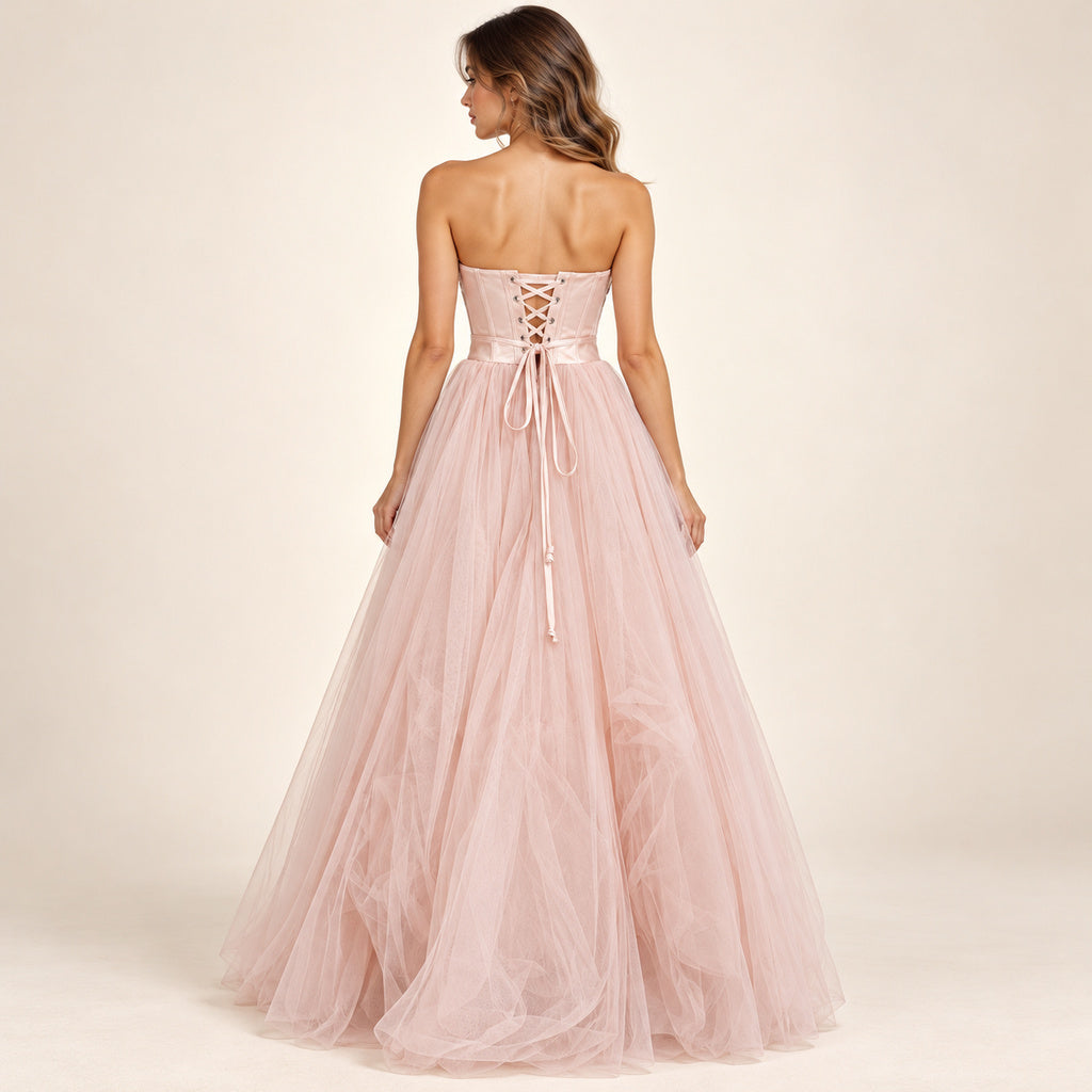 Vestido largo 1425 — tul rosado, modelo de espalda, 1024 × 1024