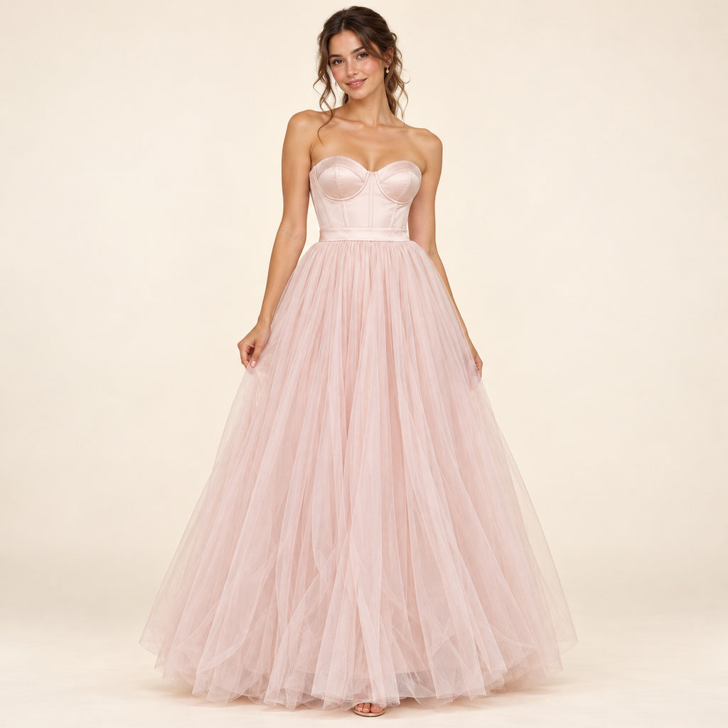 Vestido largo 1425 — tul rosado, modelo de frente, 1024 × 1024