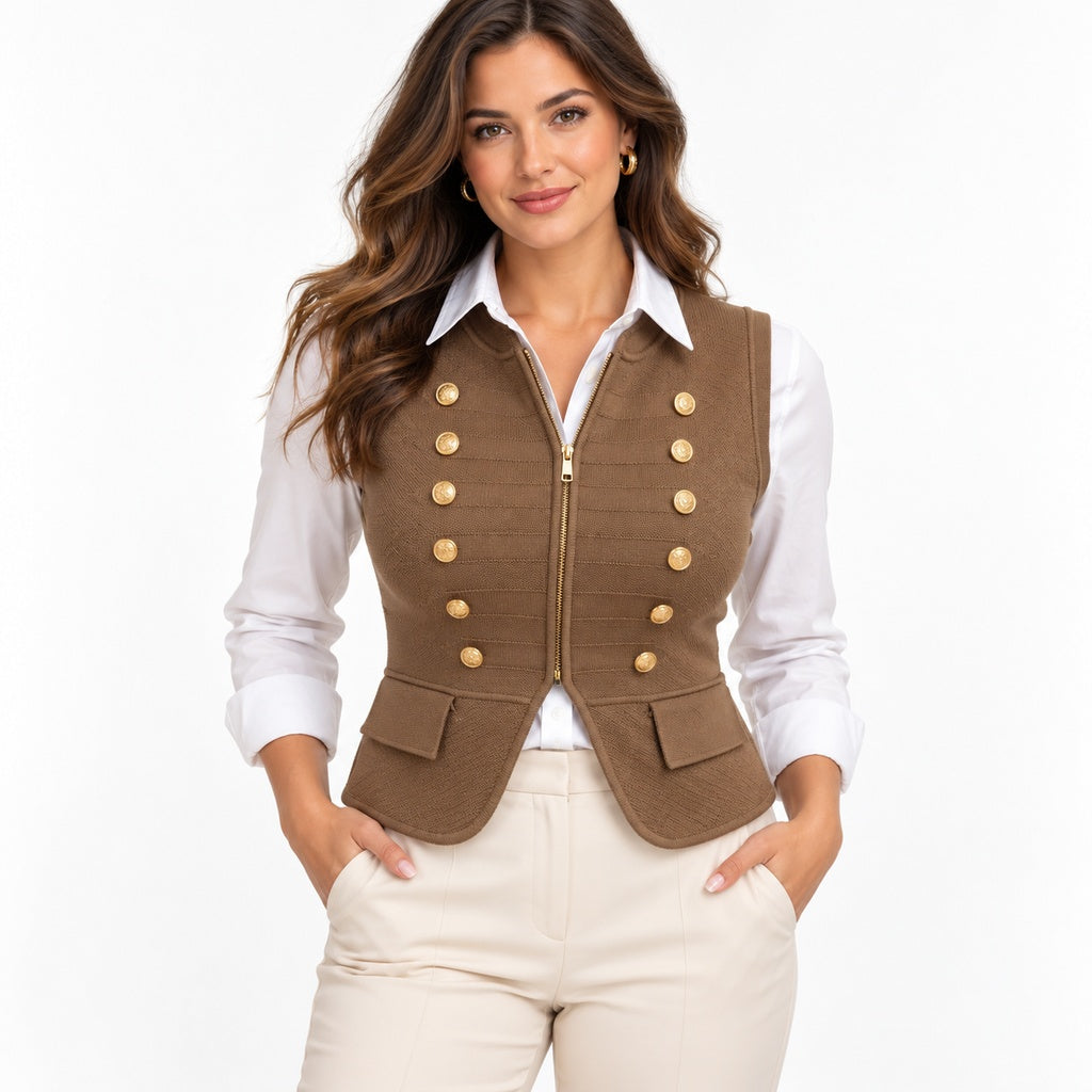 Chaleco marrón 26109 en modelo; camisa blanca de combinación no incluida