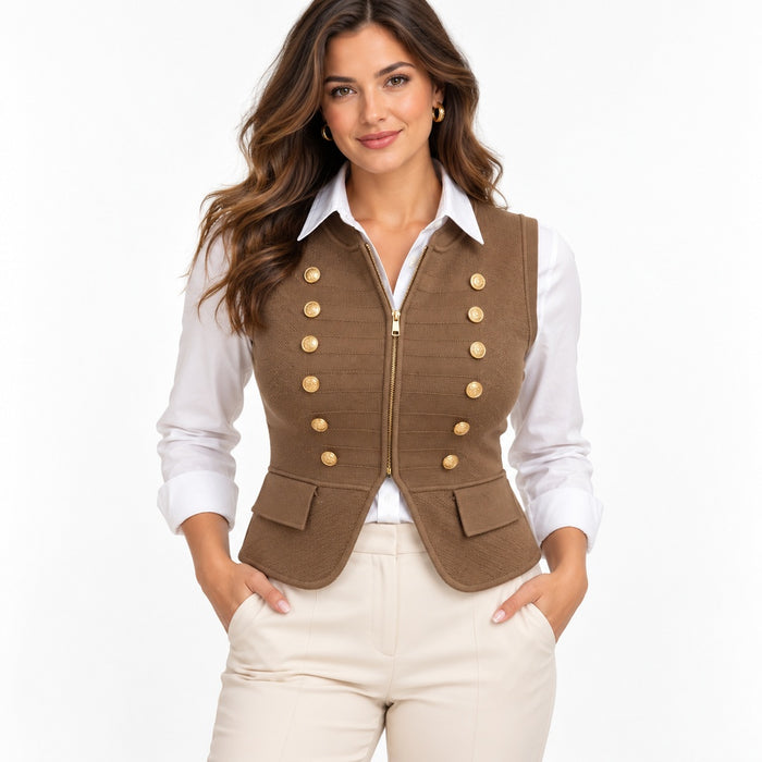 Chaleco marrón 26109 en modelo; camisa blanca de combinación no incluida