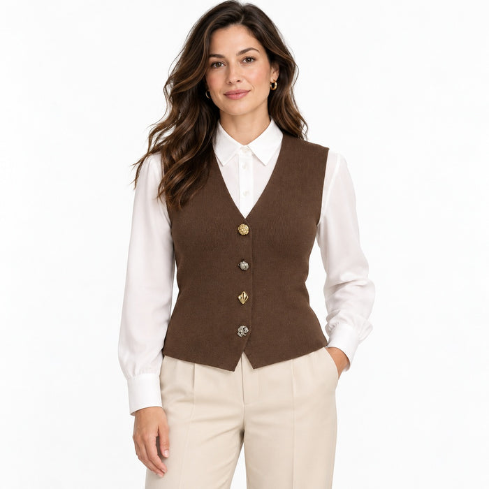 Chaleco marrón 90355 en modelo; camisa blanca no incluida