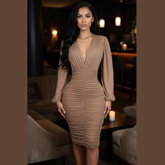 0054  Long Sleeve Asa Midi Dress Brown