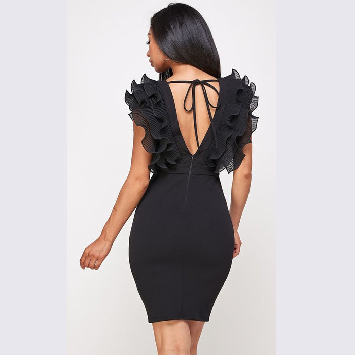 30105 WIRE RUFFLE SLEEVELESS V-NECK LINE DRESS