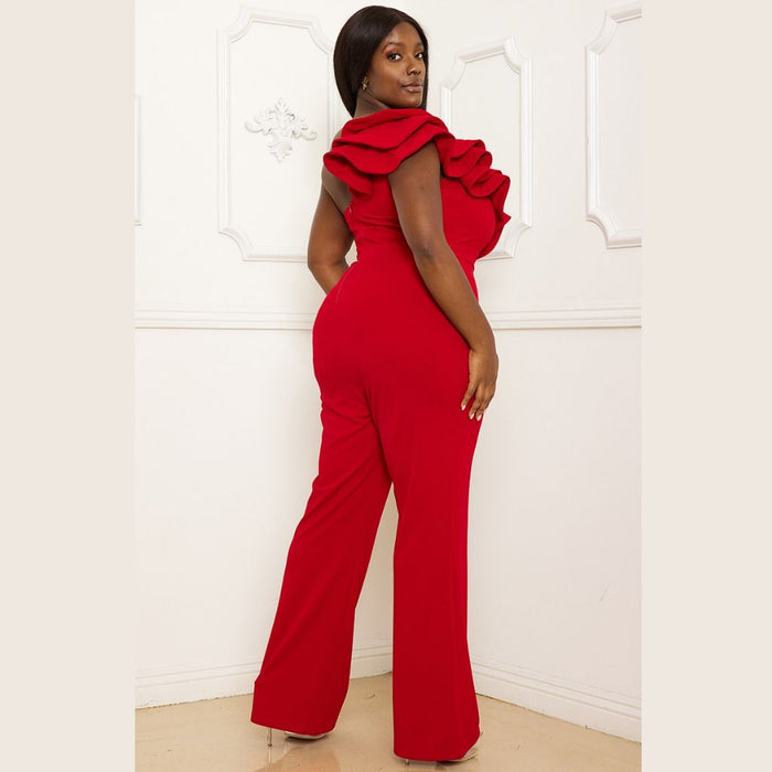 IXB2267JP LAYERED RUFFLE ONE SHOULDER PLUS SIZE JUMPSUIT