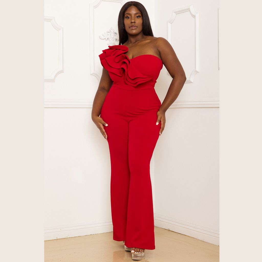 IXB2267JP LAYERED RUFFLE ONE SHOULDER PLUS SIZE JUMPSUIT