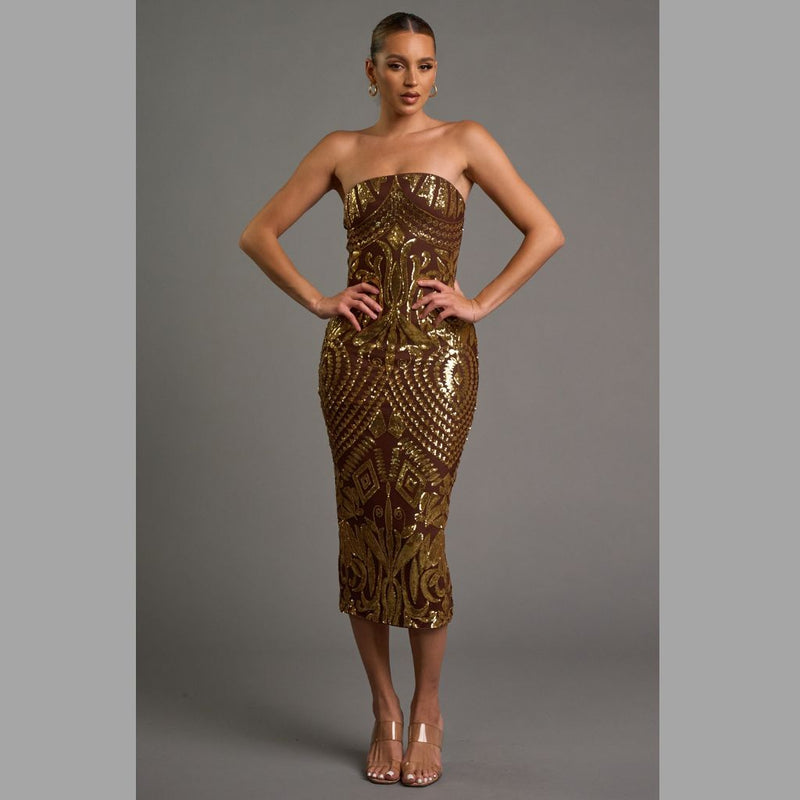 78107 GLAM SEQUINS OFF SHOULDER BODYCON TUBE MIDI DRESS