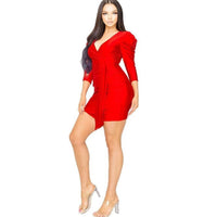 GD8039 SOLID SATIN PUFF SLEEVE SURPLICE MINI DRESS