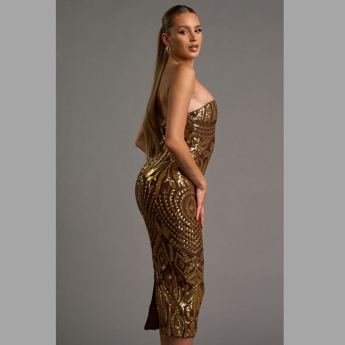 78107 GLAM SEQUINS OFF SHOULDER BODYCON TUBE MIDI DRESS