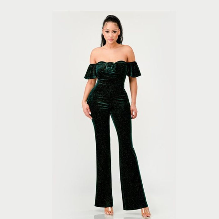 J94954-2 OFF SHOULDER ROSETTE APPLIQUE VELVER JUMPSUIT