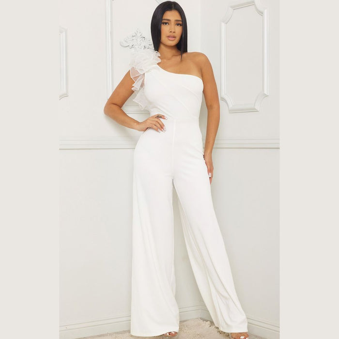 IB2161SP MESH RUFFLES SHOULDER ONE SHOULDER JUMPSUIT