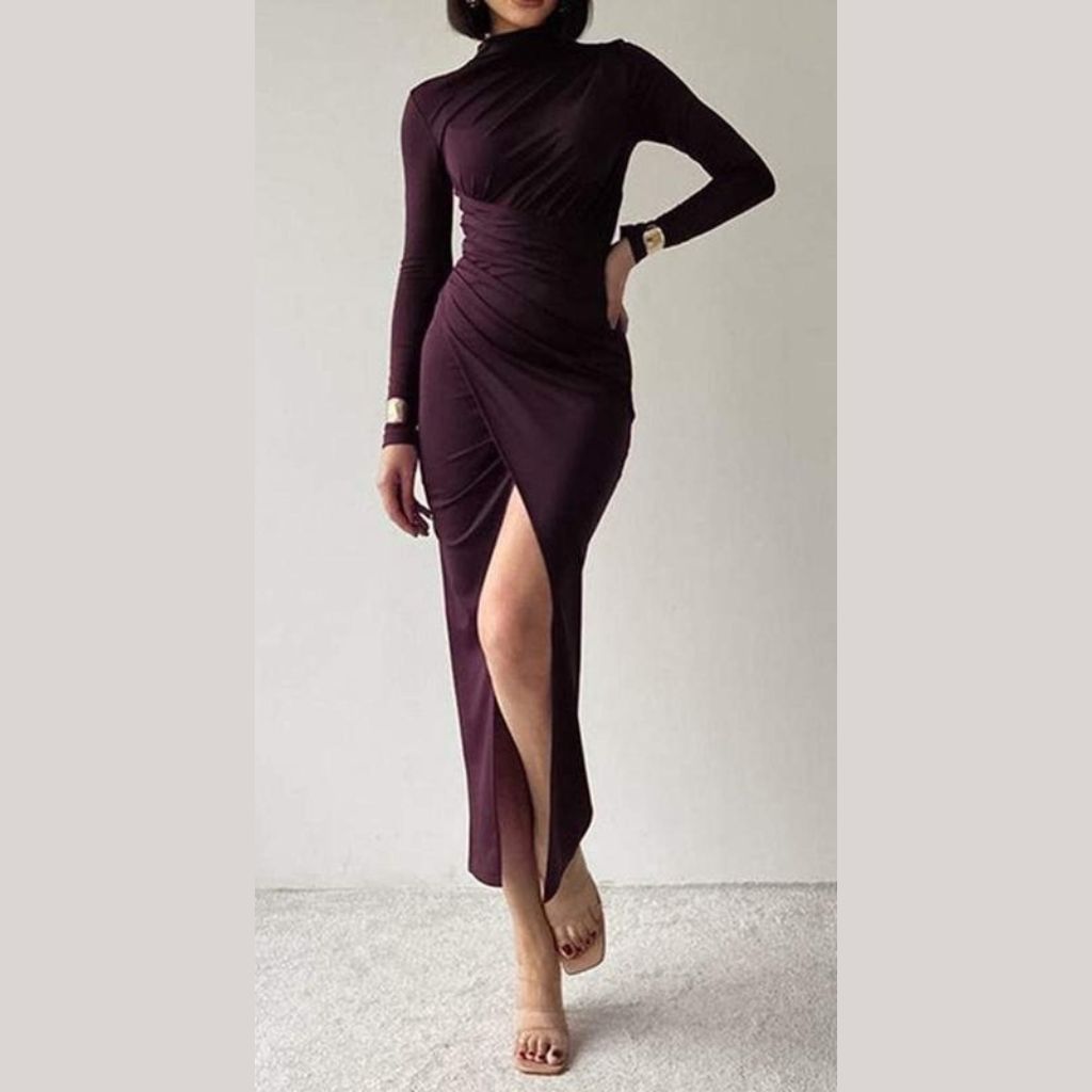 HIGH NECK RUCHED BODYCON DRESS