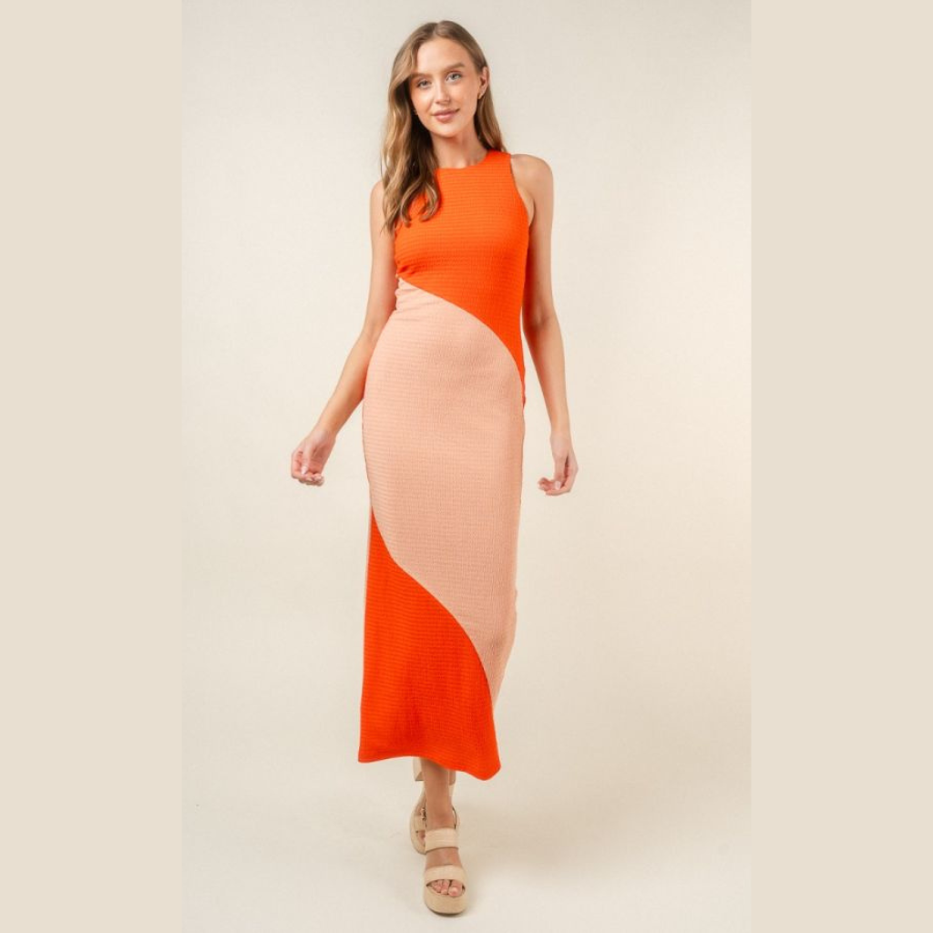Vestido Largo Naranja y Crema con Textura – DD8670
