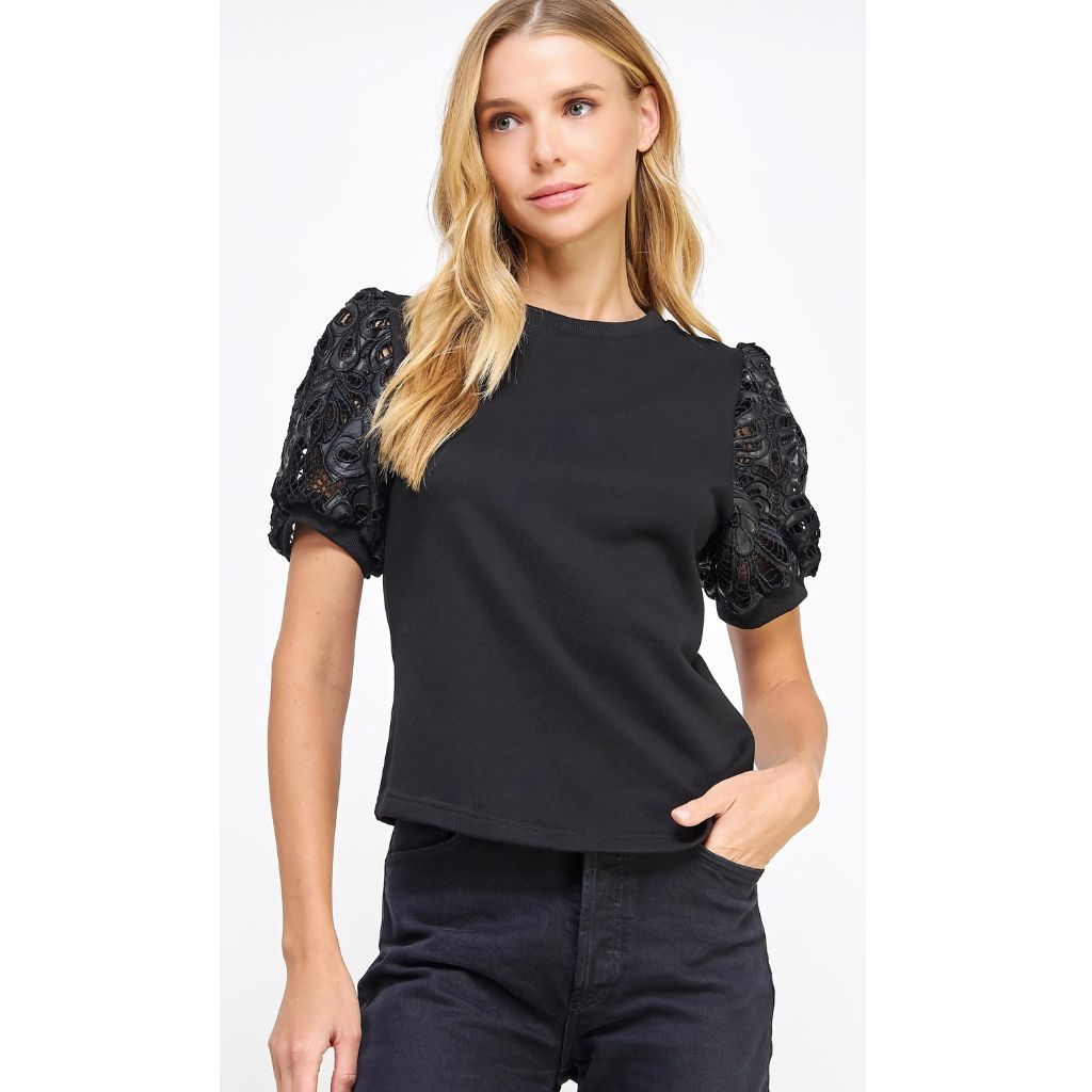 T-50290-H Faux Leather Eyelet Crochet Sleeve Tee Top