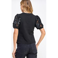 T-50290-H Faux Leather Eyelet Crochet Sleeve Tee Top