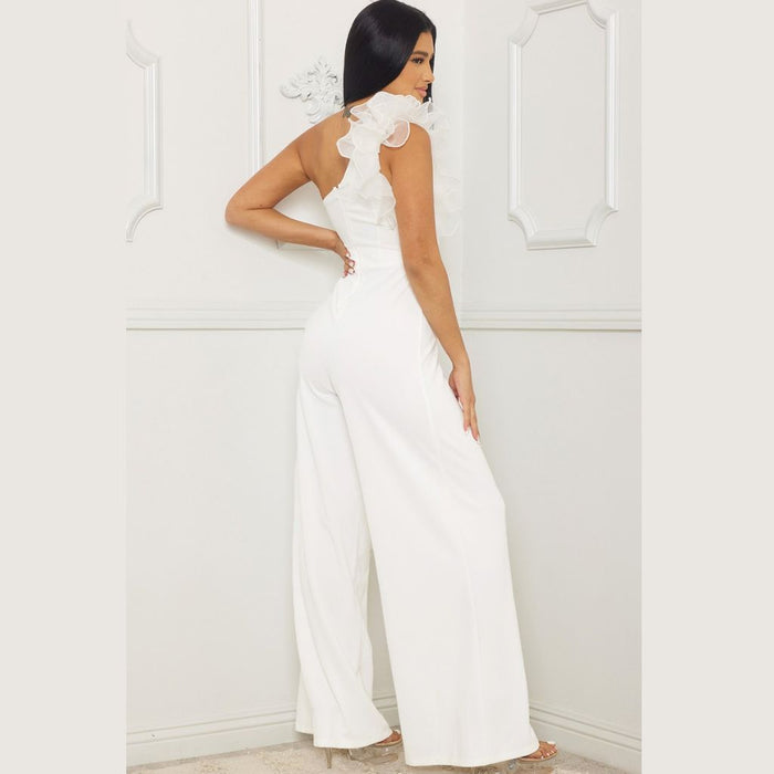 IB2161SP MESH RUFFLES SHOULDER ONE SHOULDER JUMPSUIT