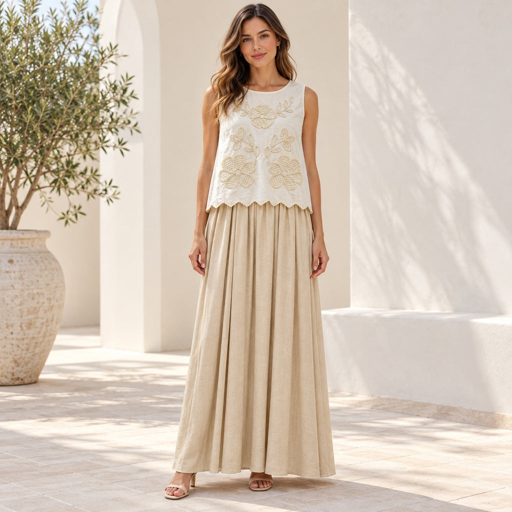 Vestido Largo Beige con Capa Bordada Marfil – 107372