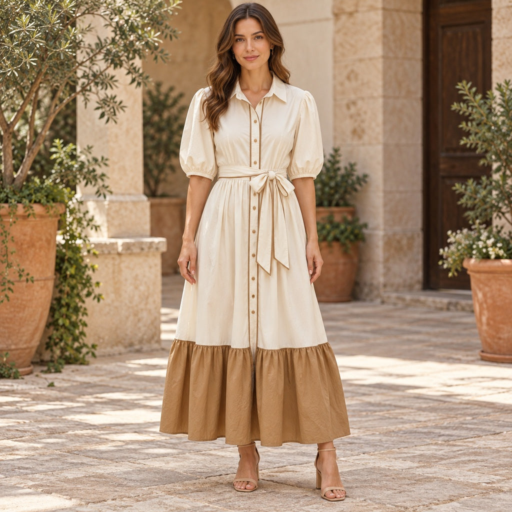 Vestido Largo Camisero Marfil y Camel – 22622
