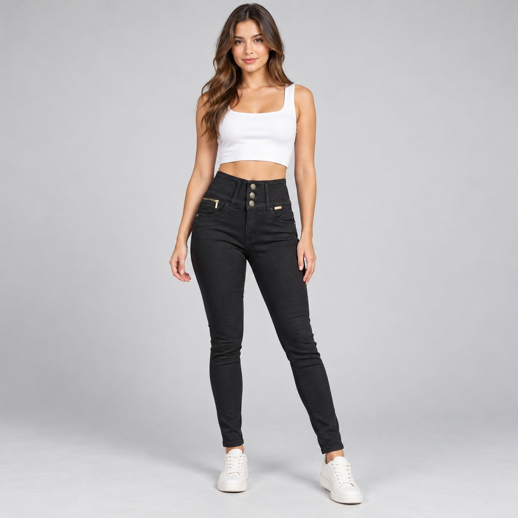 Jeans Bacoa negro de tres botones con cierre en modelo completa