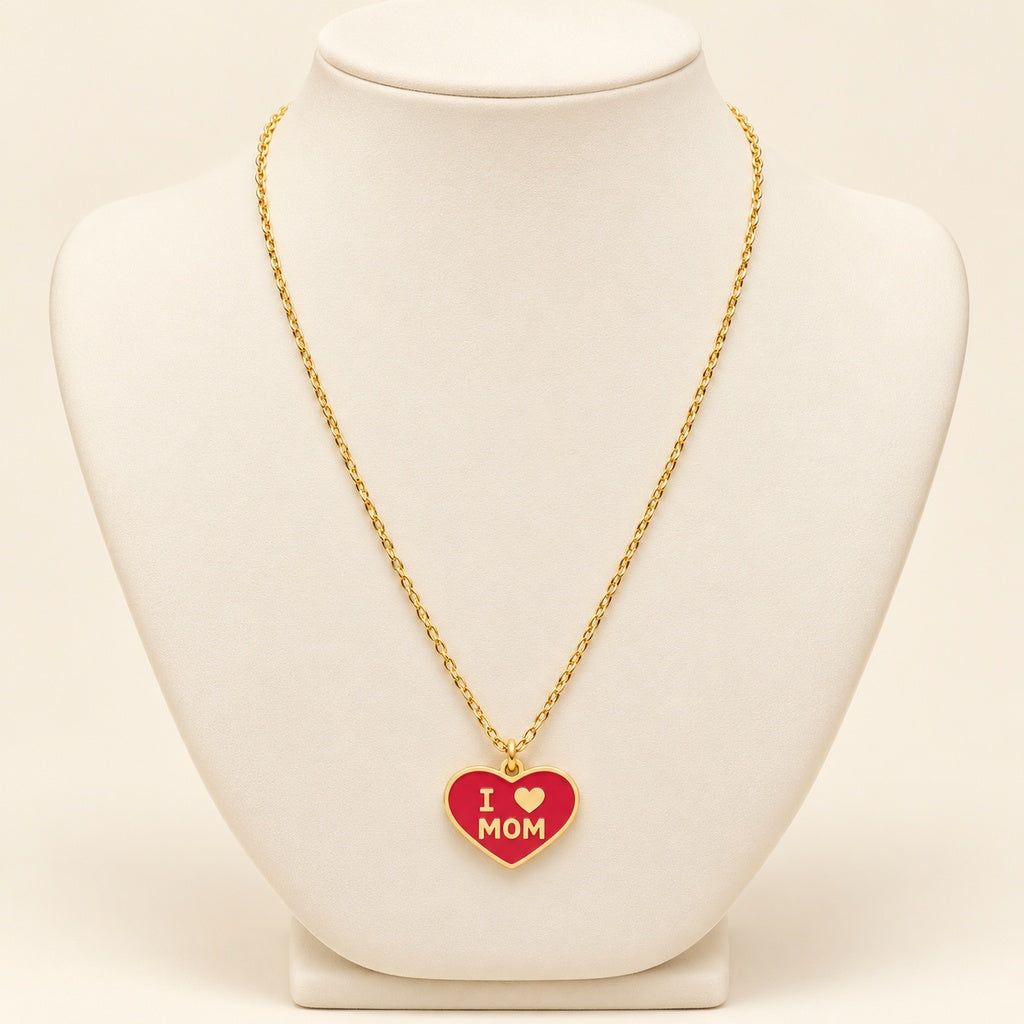 Cadena dorada con corazón rojo I ♥ MOM