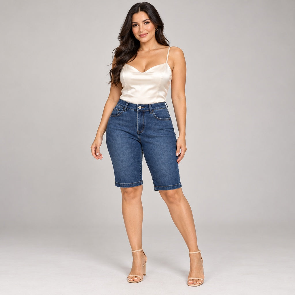 Capri Black Label azul en modelo adulta con blusa marfil