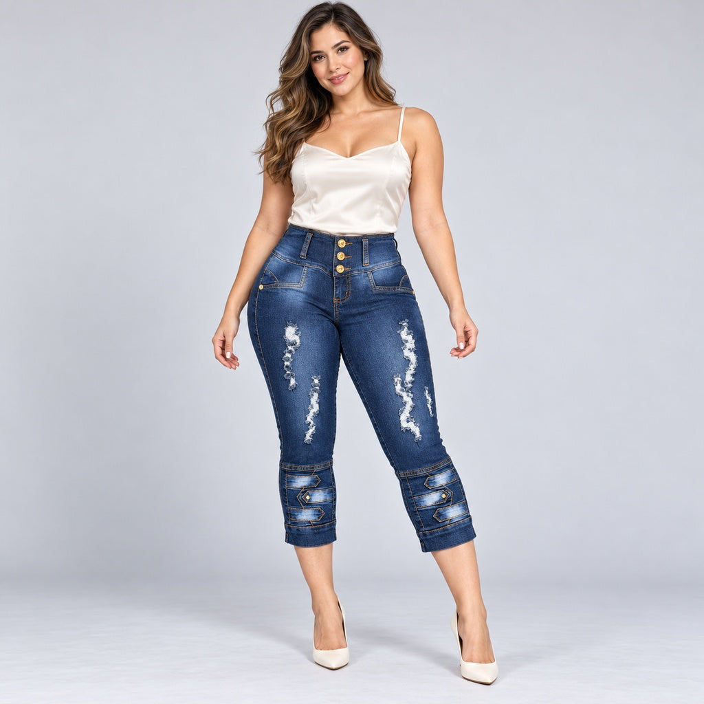 Capri J715 azul oscuro rasgado con presillas en ruedo, modelo adulta