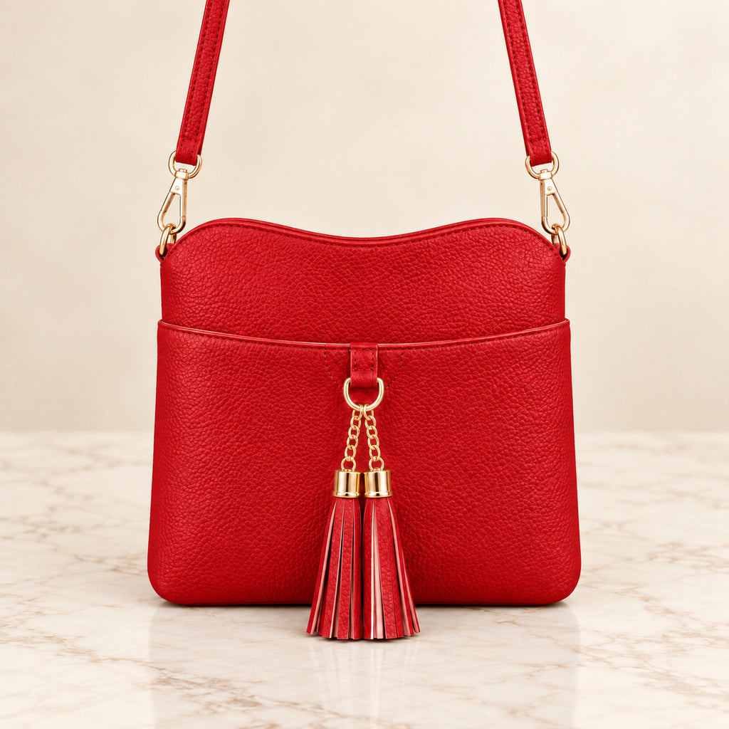 Cartera de borlas roja, vista completa