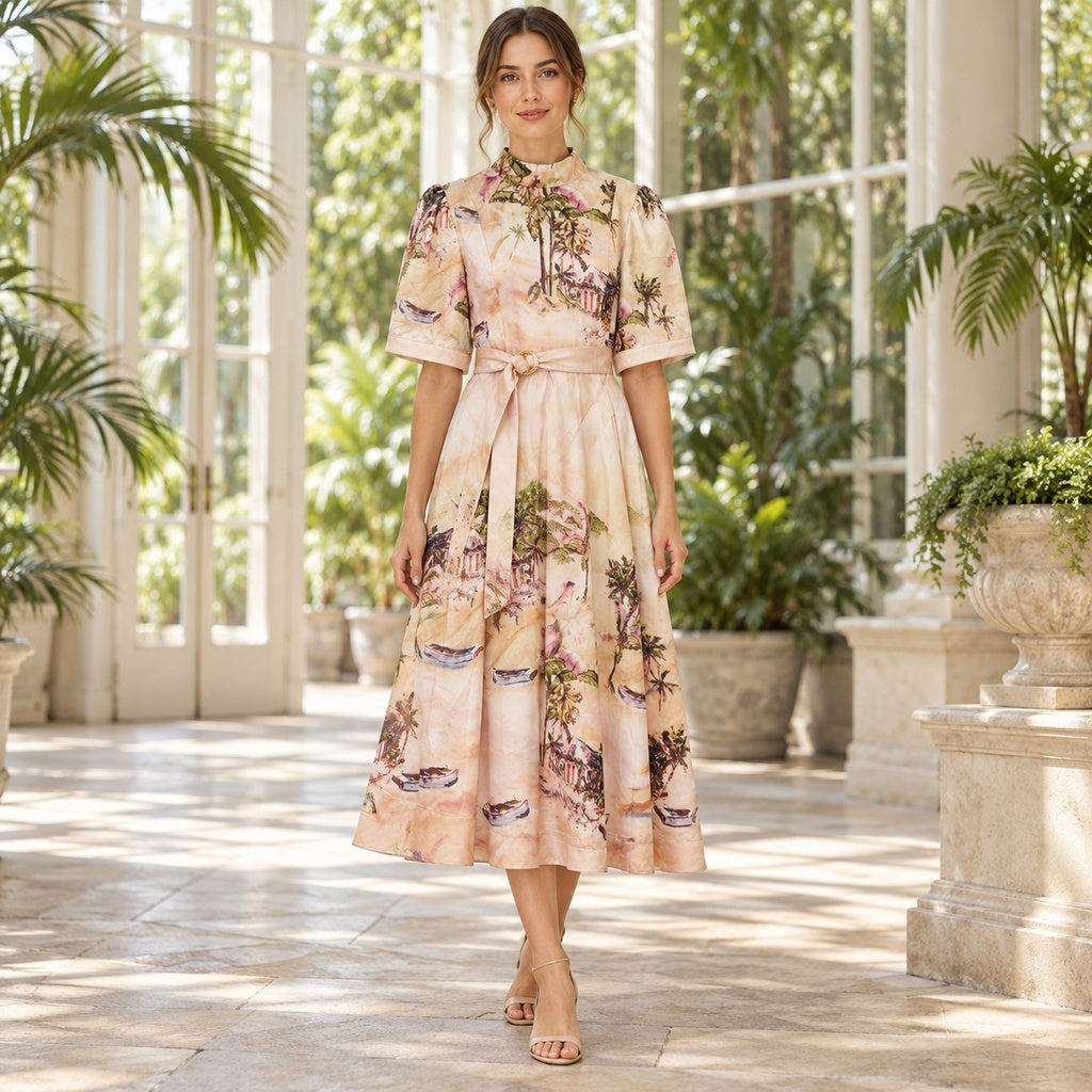 Vestido Midi Satinado con Estampado Tropical – 10547