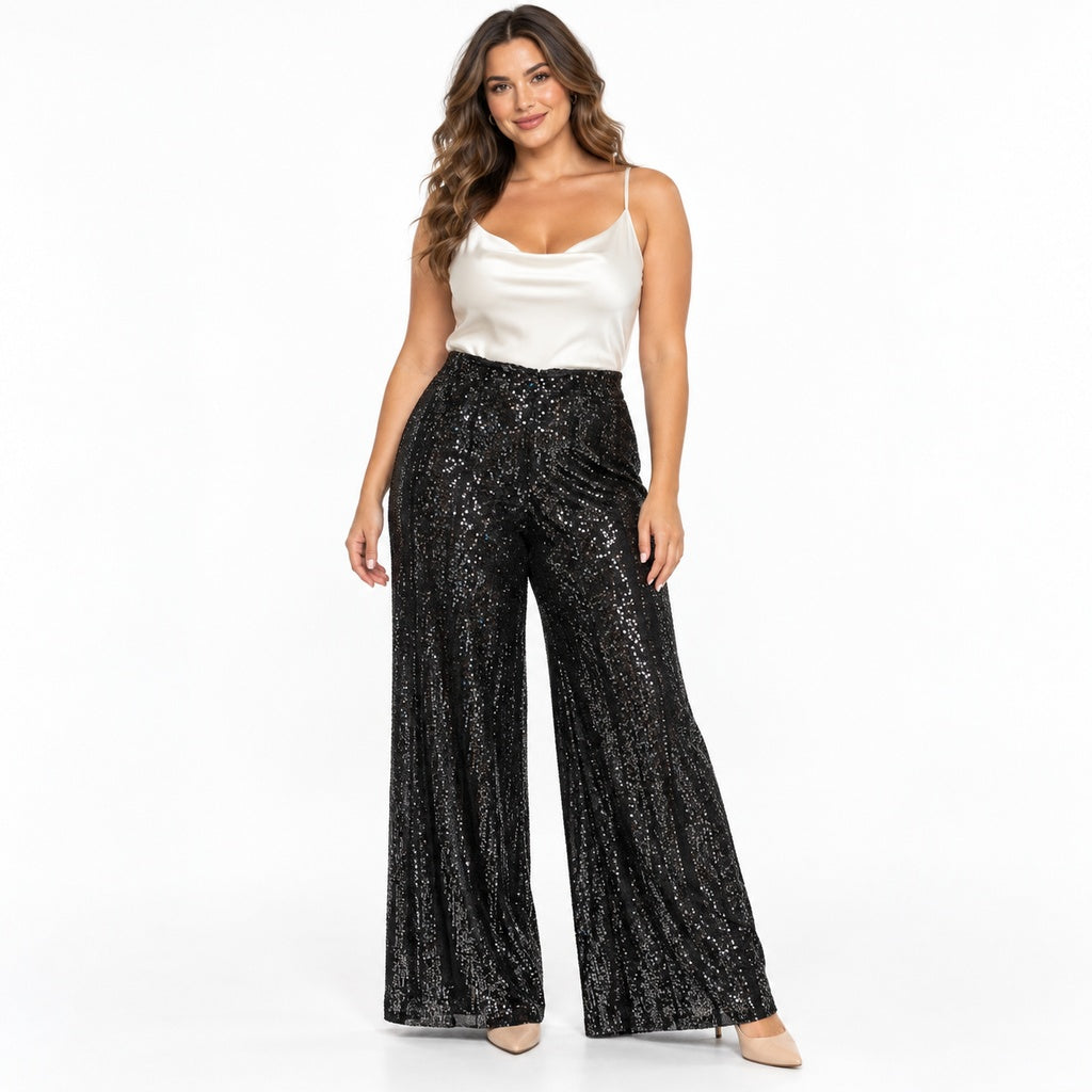 Pantalón negro de lentejuelas y pierna ancha en modelo adulta, 1024 por 1024