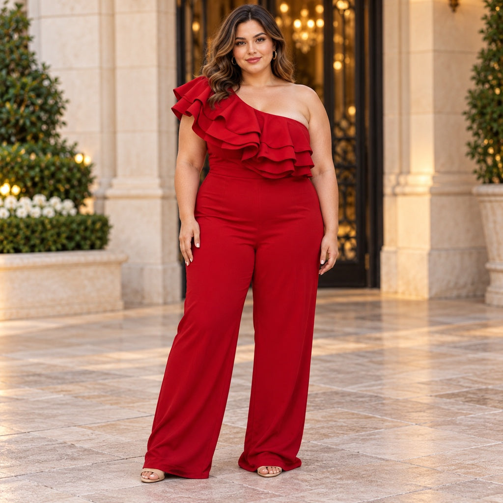 Modelo de talla grande con enterizo rojo de un hombro IXB2267JP