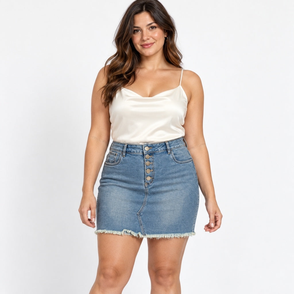 Falda Posesión 14268 de mezclilla con cinco botones y ruedo desflecado en modelo adulta