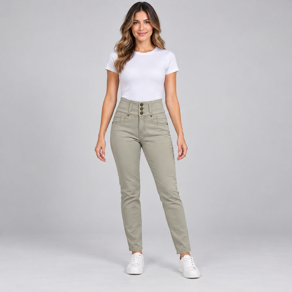 Jeans colombiano 14897 beige de tres botones en modelo completa