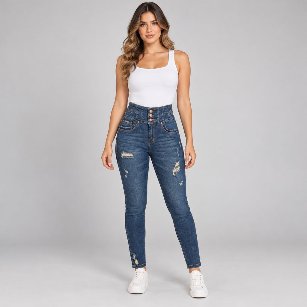 Jeans colombiano 2160 con rotos en modelo completa