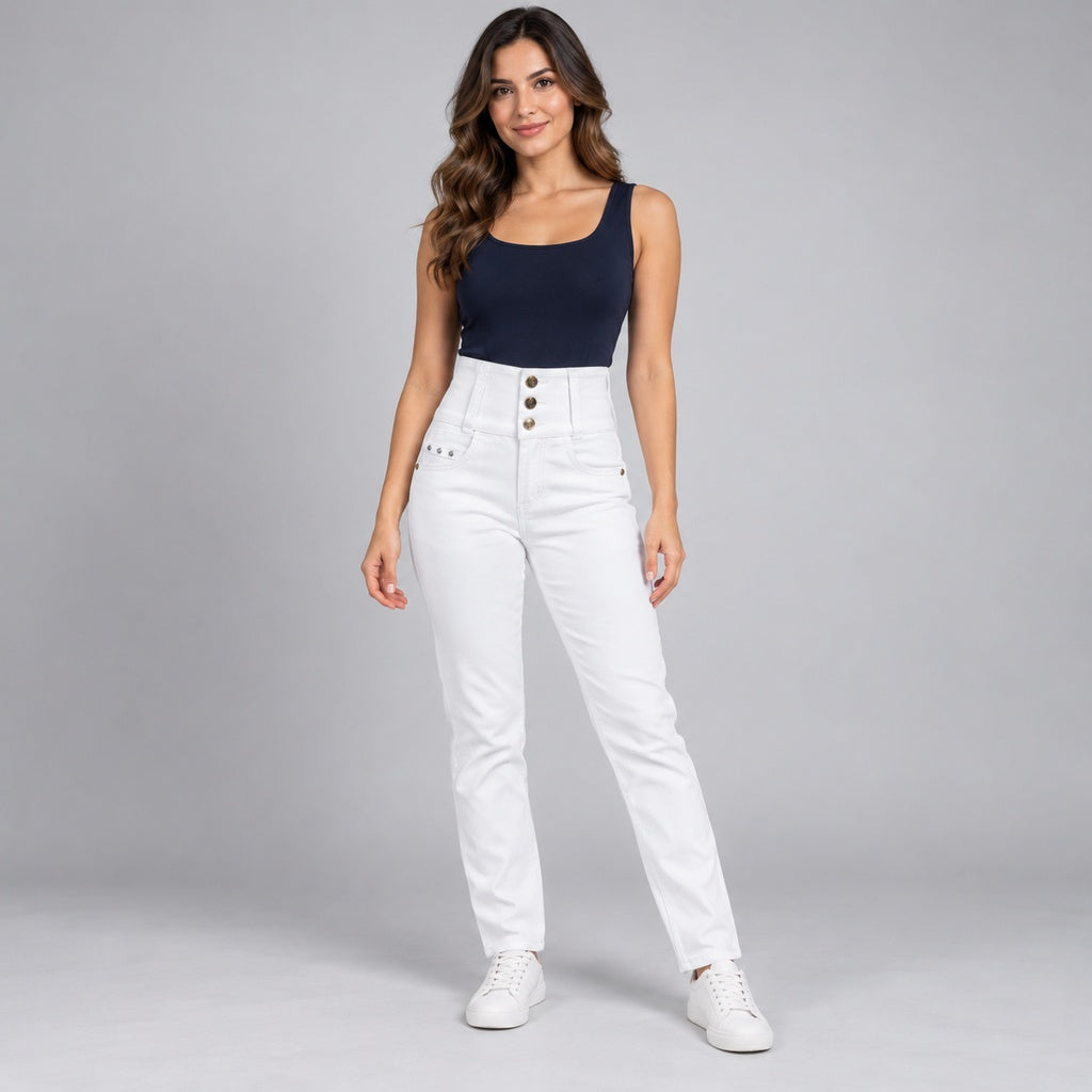 Jeans colombiano 2458 blanco de tres botones en modelo