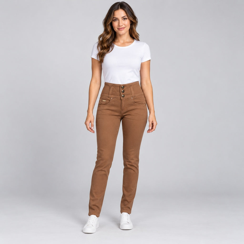 Jeans colombiano 304D color ladrillo en modelo completa