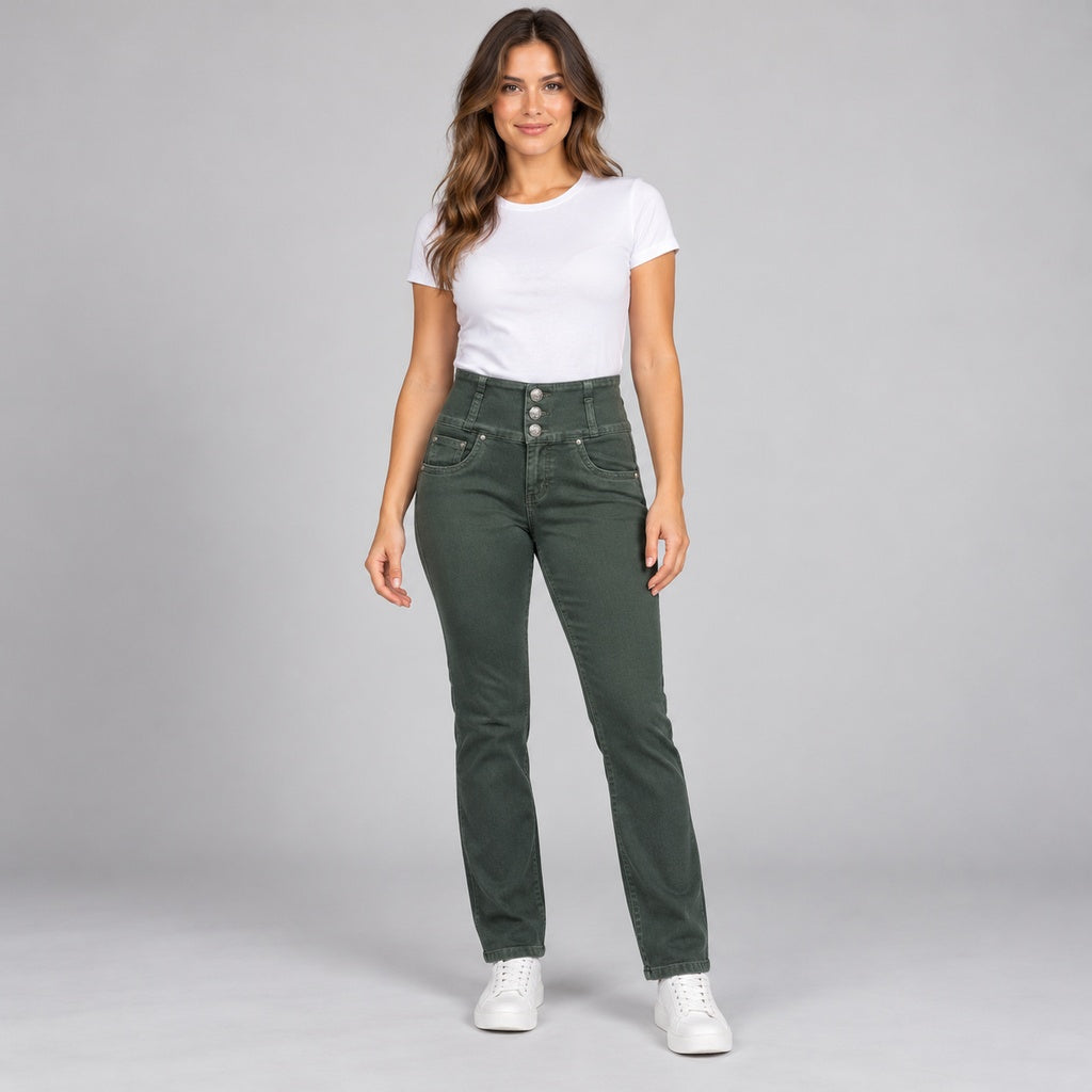 Jeans colombiano 4205 verde olivo en modelo completa