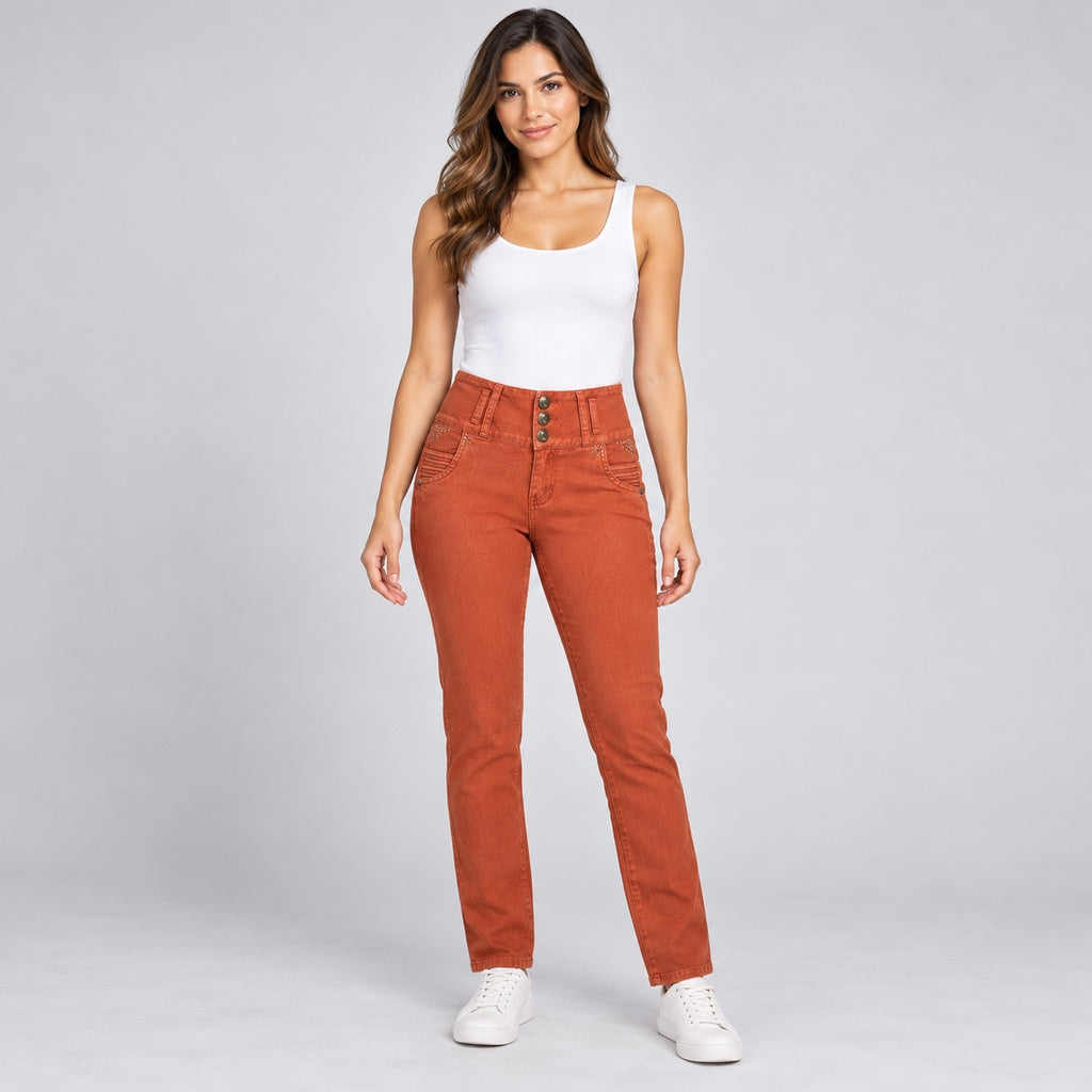 Jeans colombiano 9290 color ladrillo en modelo completa