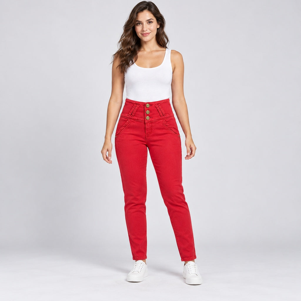 Jeans colombiano P1123 rojo en modelo completa
