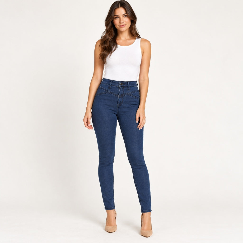 Jeans Cello High Rise Skinny azul oscuro con costuras cruzadas en modelo