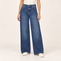 Jeans Cello de pierna ancha azul oscuro sin roturas, en modelo