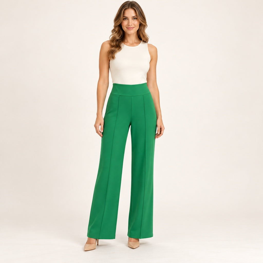 Modelo virtual creada con IA — emerald green high waist wide straight leg pants, center front vertical seam