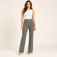 Modelo virtual creada con IA — olive straight flared pants with vertical front seams