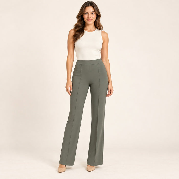 Modelo virtual creada con IA — olive straight flared pants with vertical front seams