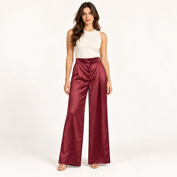 Modelo virtual creada con IA — wine burgundy satin wide trousers, exact waist and silhouette from reference