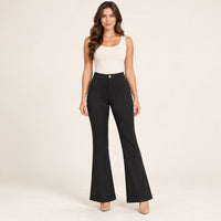 Modelo virtual creada con IA — black pants with gold waist button and flared leg