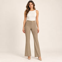 Modelo virtual creada con IA — beige pants with gold waist button and flared leg