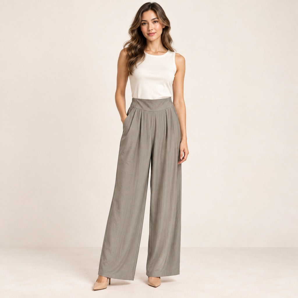 Modelo virtual creada con IA — mocha loose wide leg trousers with side pockets