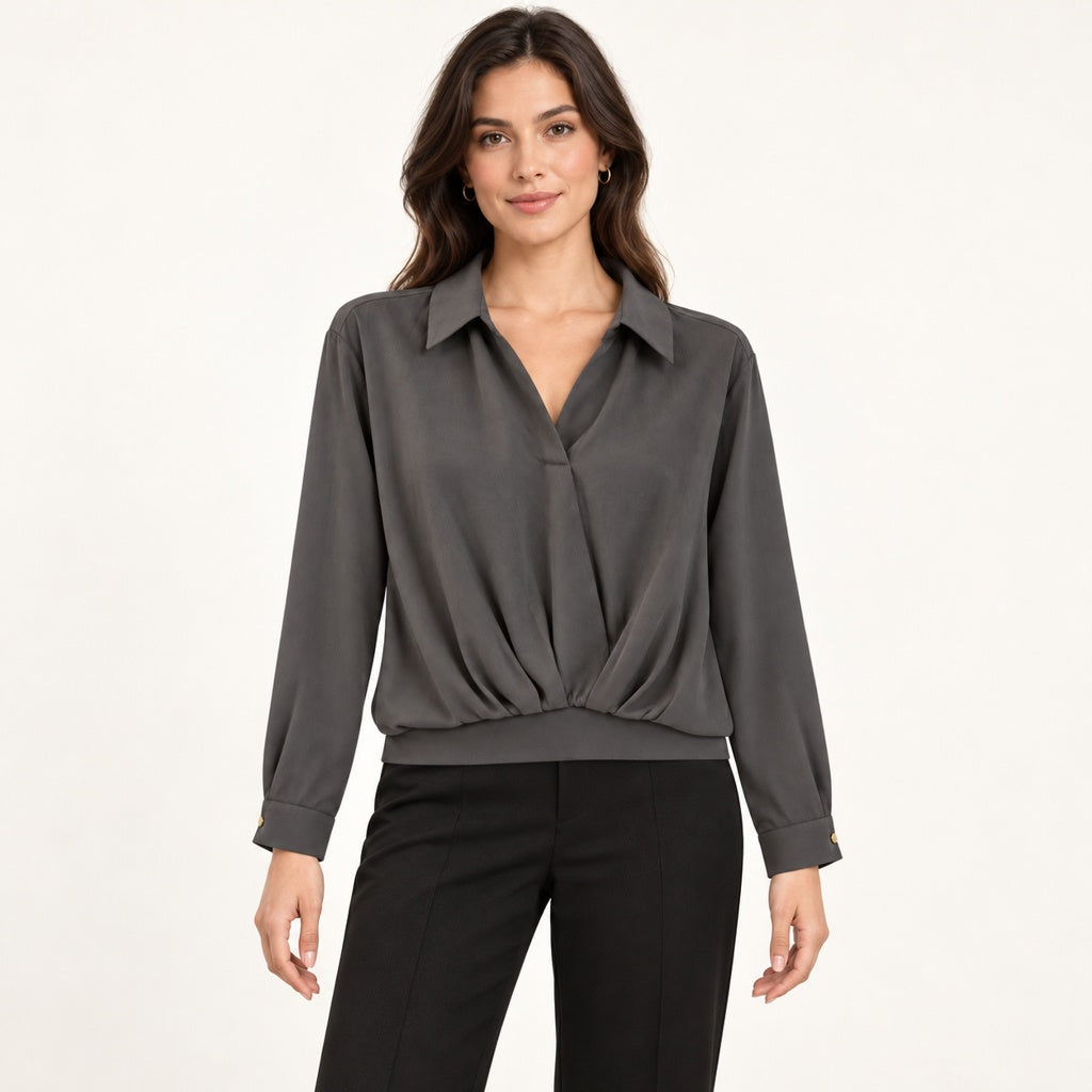 Modelo virtual creada con IA — black long sleeve collared deep V blouse with twisted front hem