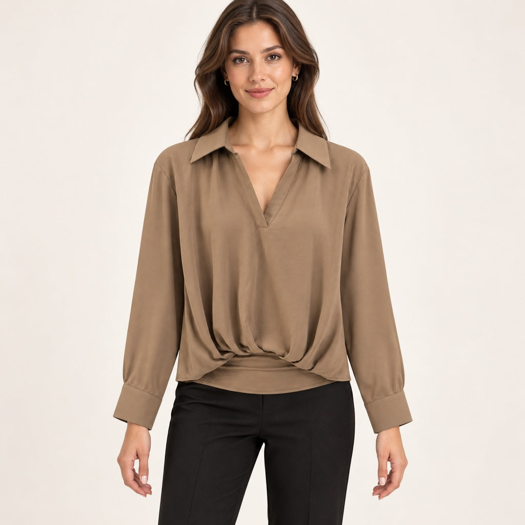 Modelo virtual creada con IA — brown long sleeve collared deep V blouse with twisted front hem